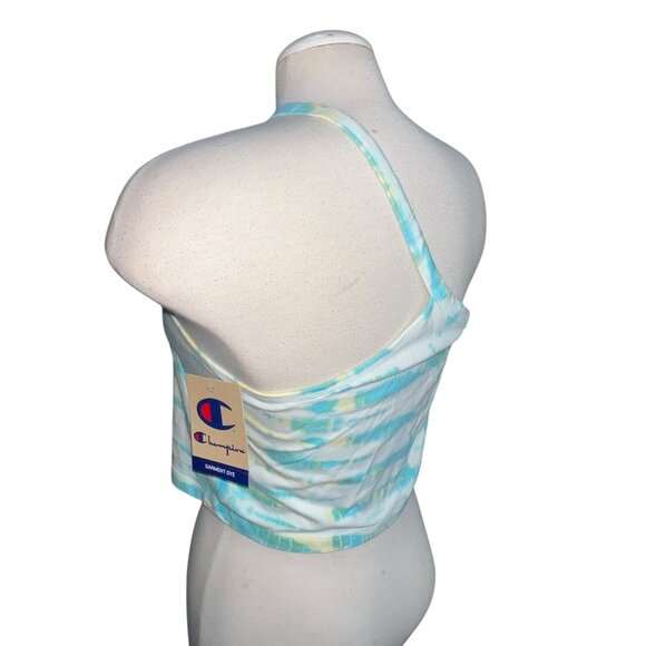 Champion Tie Dye One Shoulder Cropped Casual Top Sz Large Womens Blue & Yellow - Picture 2 of 9